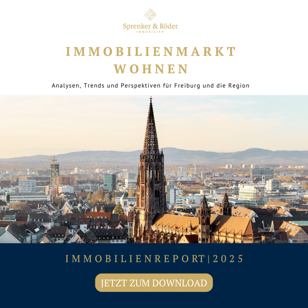 Immobilienreport Freiburg 2025 – Stadtansicht mit Münster und Wohnbebauung im Hintergrund