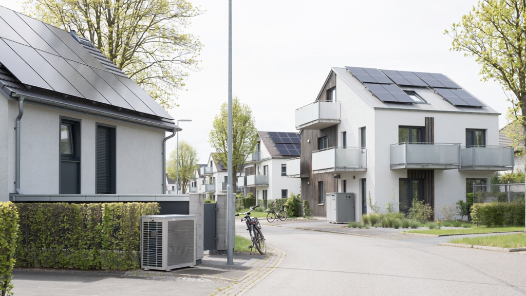 Moderne Wohngebäude mit Solaranlagen und begrünten Dachflächen in einem urbanen Wohnquartier